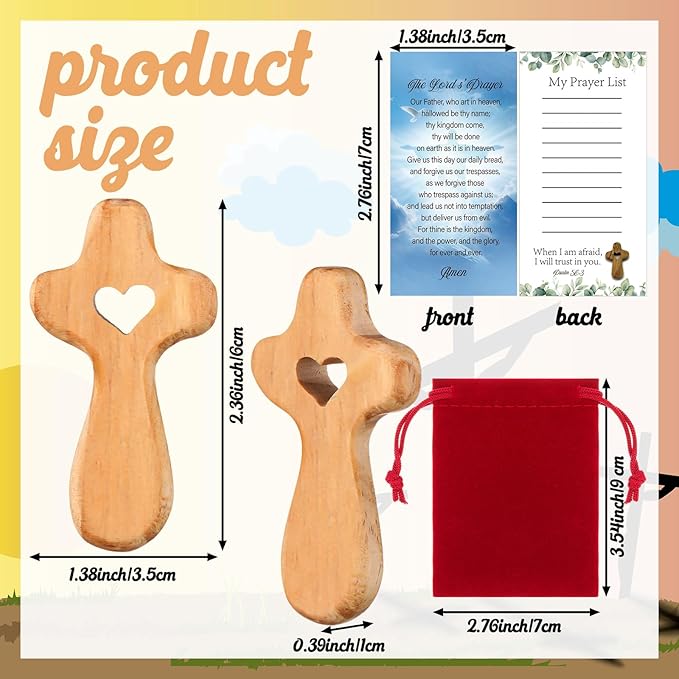Bucherry 100 Set Olive Wood Cross My Heart Small Pocket Crosses with Bags and Prayer Cards Jesus Christian Holding Hand Crosses Bulk for Christmas Baptism First Communion Gift (Wood,2.36 Inches)