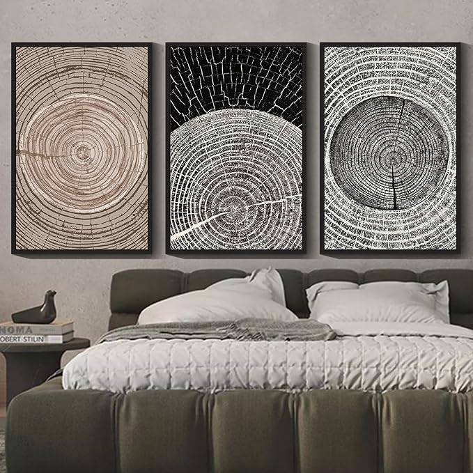 PHOPAGO Vintage Wood Tree Rings Wall Art Large 24x36in Farmhouse Rustic Framed Canvas Paintings Living Room Bedroom Decor Nature Artwork Black Framed