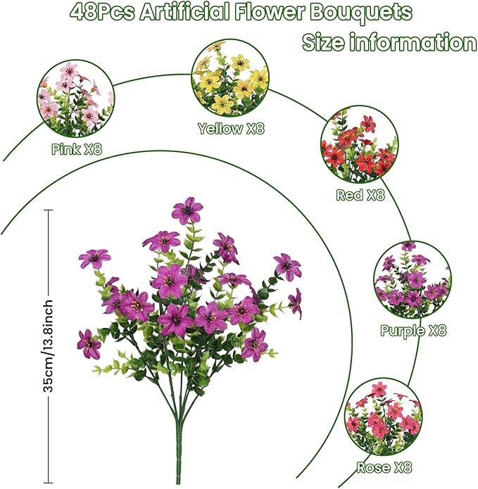 SHareconn 48 Bundles Artificial Flowers for Outdoors Spring Decoration, Fake Silk Realistic Faux Plants UV Resistant for Outside Planter Porch Patio Indoor Decor, RedRosePurpleYellowPink
