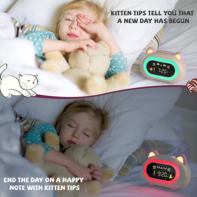 ANALOI Alarm Clock for Kids, Kids Alarm Clocks for Girls with Sleep Training Dual Alarm Eye Protection Auto Off Timer 10 Color Night Light, Cat Ok to Wake Clock, Gifts for Kids Girls