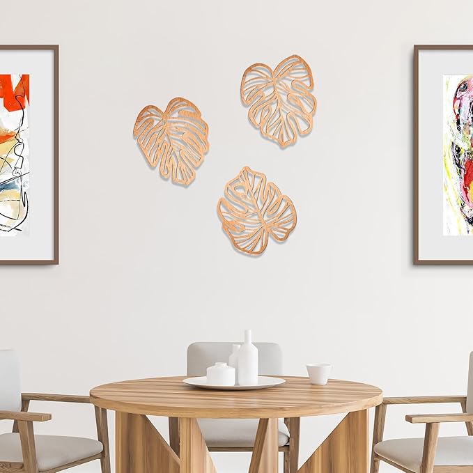 Palm Leaves Wood Wall Decor , 3Pcs Tropical Wall Art Jungle Decor, Wooden Natural Leaves Plant Wall Decor, Vintage Tropical Plant Plaque for Home Living Room Kitchen Bedroom Bathroom & Garden, Light Brown