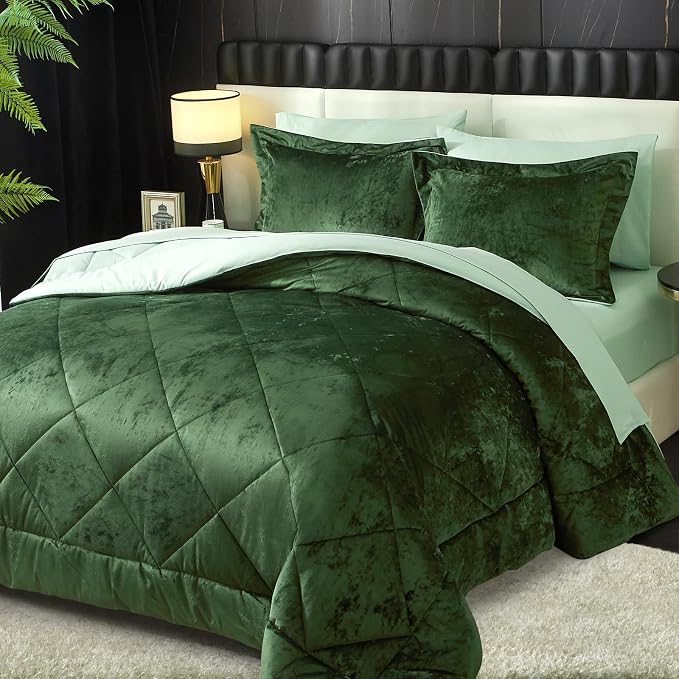 Ivellow Queen Comforter Set 7 Pieces Bed in a Bag Crushed Velvet Comforter Set Flannel Queen Green Comforter Ultra Soft Breathable Luxury Soft Warm Winter Bedding Set with Sheets, Pillowcases & Shams