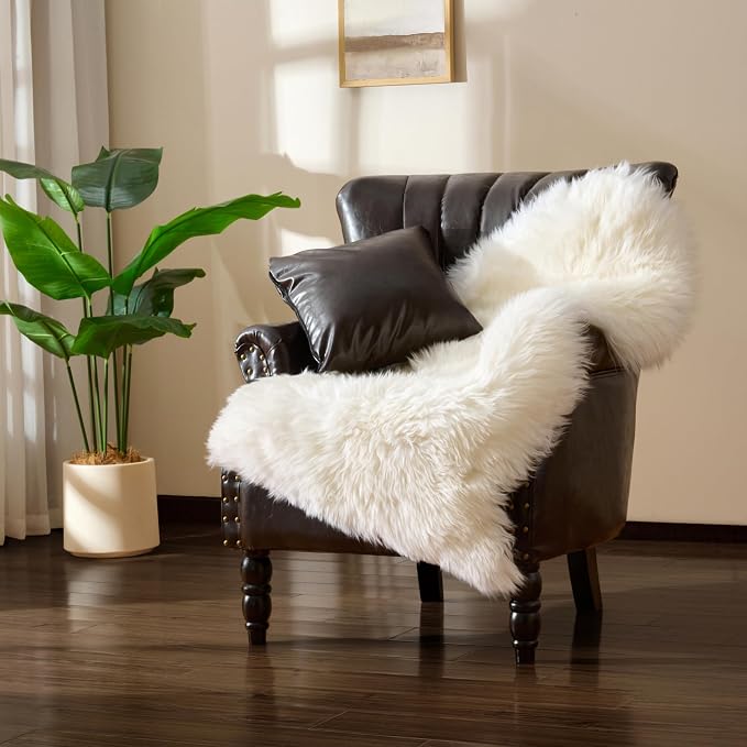 Premium Genuine Sheepskin Area Ruge - Real Wool Fur Shaggy Carpet | Fluffy Soft Natural Lambskin Rug Seat Chair Covers for Couch Sofa Bedroom Living Room(Ivory White,2×3 Feet Sheepskin)