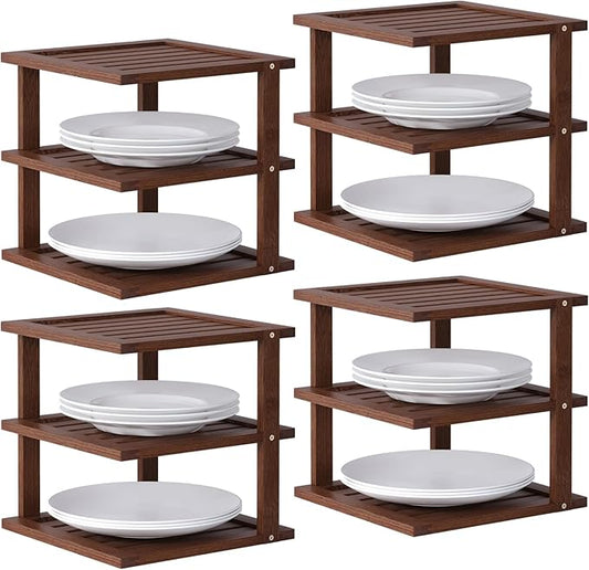 4 Pack Bamboo Corner Shelf,3 Tier Kitchen Cabinet Organizer for Plates and Dishes,Pantry Storage and Spice Rack（Brown）