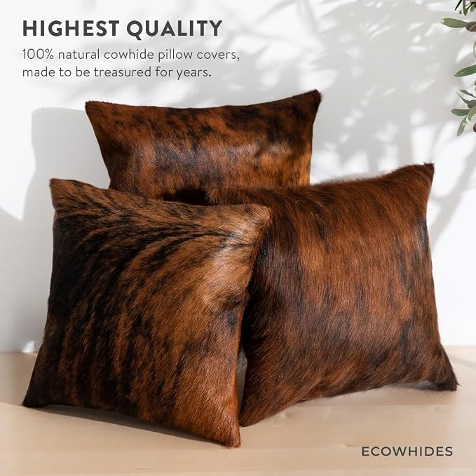 ecowhides 100% Genuine Brazilian Cowhide Pillow Cover – Brindle – Single-Sided – Luxury Leather Decorative Cushion for Rustic & Western Home Décor – 20” x 20”