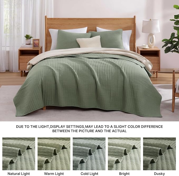 WRENSONGE King Size Quilt-3 Pieces Lightweight Bedspreads Sage Green King Quilt Bedding Set for All Seasons, Soft Summer Coverlet with 2 Pillow Shams Suitable for Bed, Couch, Quilt Blanket
