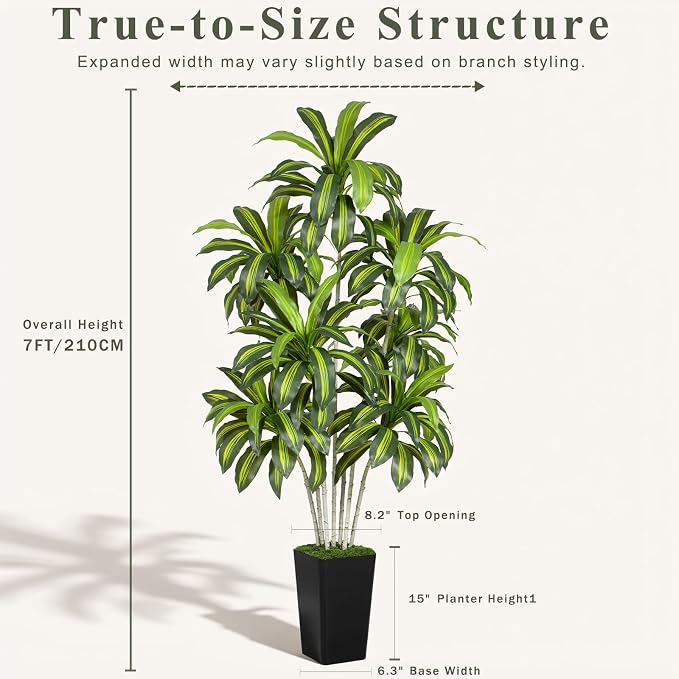 Dracaena Plant Artificial Tree 7Ft Tall Fake Tropical Floor Plants Potted (Real Touch) Artificial Silk Tree Leaf Faux Trees Black Tall Planter for Home Office Living Room Indoor Outdoor Decor