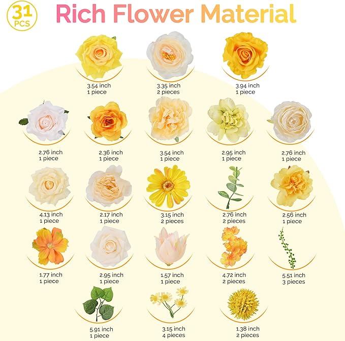 Artificial Flowers Combo Box, 31PCS Fake Flowers, Silk Flower Mix with Wire Stem, DIY Wedding Bridal Bouquet for Arrangement, Shower Party Home Décor | Golden Yellow & Ivory Mix