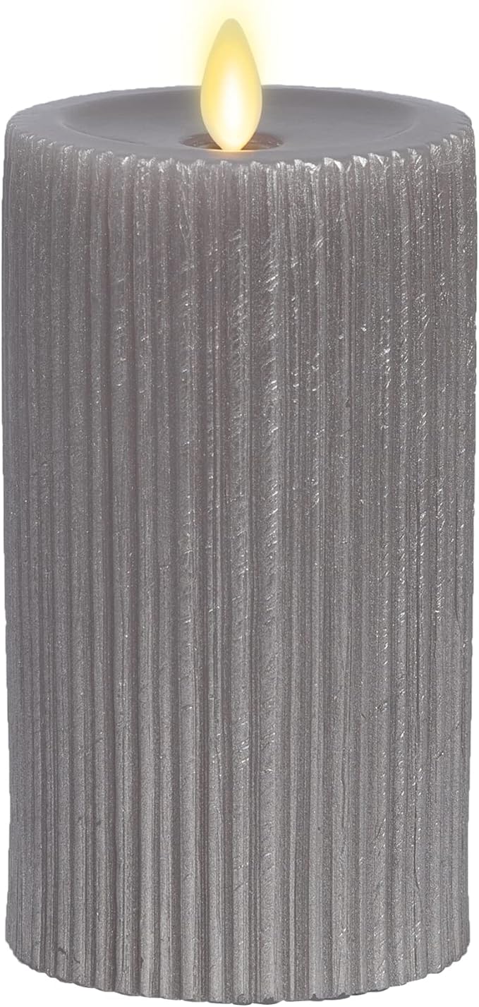 Luminara Metallic Embossed Pillar, Grey Flameless LED Candle 3.25" x 6.5", Battery Operated Real Flame Technology w/Timer Function, Paraffin Wax