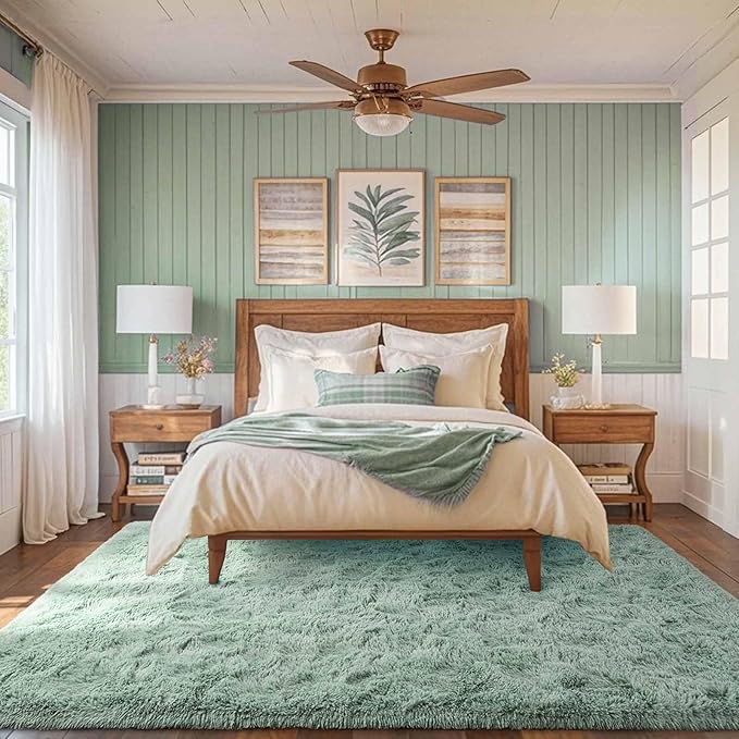 FinRèc Light Green Rug for Bedroom Living Room, 4x6 Feet Fuzzy Shaggy Area Rug, Non-Slip Fluffy Furry Rugs for Kids Room Dorm Room Home Decor, Indoor Plush Floor Carpet