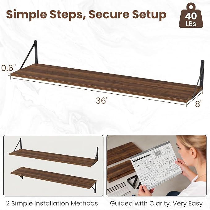 Vivelove 8 Inch Deep Floating Shelves for Wall, 36W x 8D Wood Wall Shelves Set of 2, Walnut Wide Floating Bookshelf for Living Room, Kitchen, Office, Bedroom, with Black Metal Bracke - Walnut