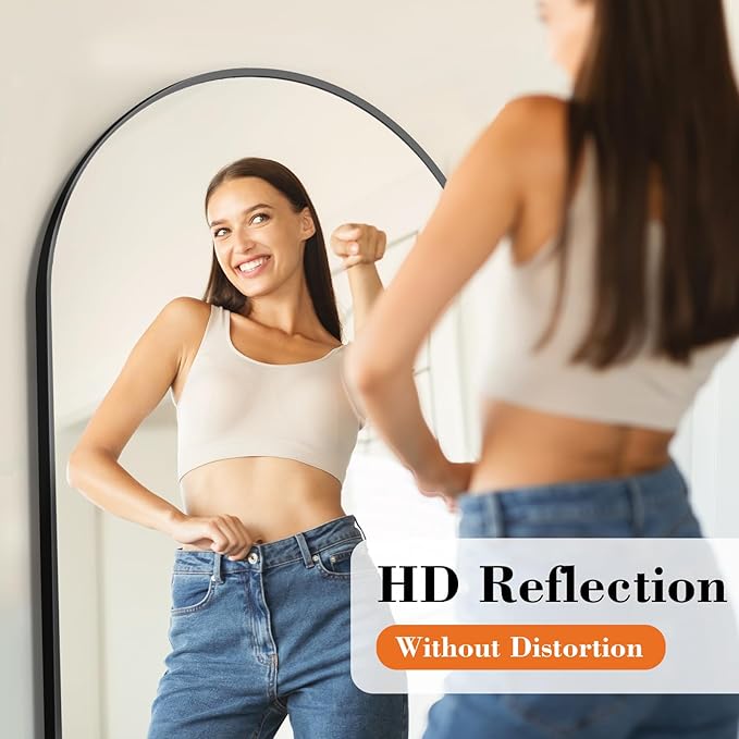 DUMOS Arched Full Length Mirror with Stand 64"x21" Floor Standing Aluminum Frame for Bedroom Body Hanging Leaning Modern Simple Home Decor Shatter-proorf Nano Glass Wall Living Room Cloakroom Black