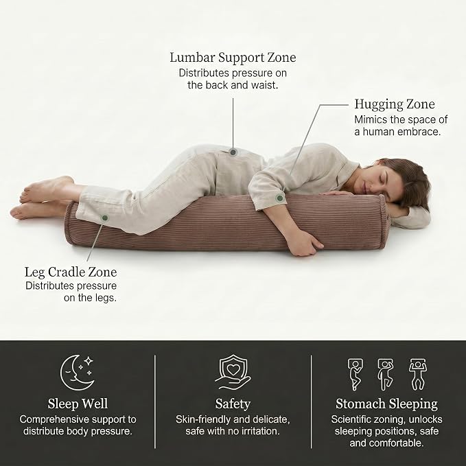 Corduroy Body Pillow for Side Sleepers, Cozy Bolster Pillow for Bed & Sofa, Soft Support Hugging Pillow for Relaxing Sleep, 47 x 7.87 Inches, Chocolate