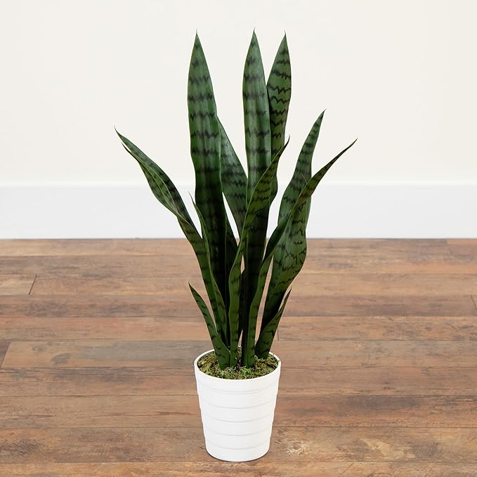 Nearly Natural 2-ft Artificial Snake Plant for Outdoors, Indoor/Outdoor UV Resistant Sansevieria, 24-in Faux Snake Plant for Outdoor Porch and Deck Decor in White Decorative Planter