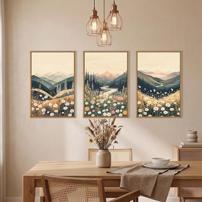Large Boho Wildflower Framed Canvas Wall Art,Vintage Mountain Wall Decor,Nature Floral Prints,Rustic Daisy Landscape Artwork for Living Room,Bedroom,Dining Room -24"x36"x3