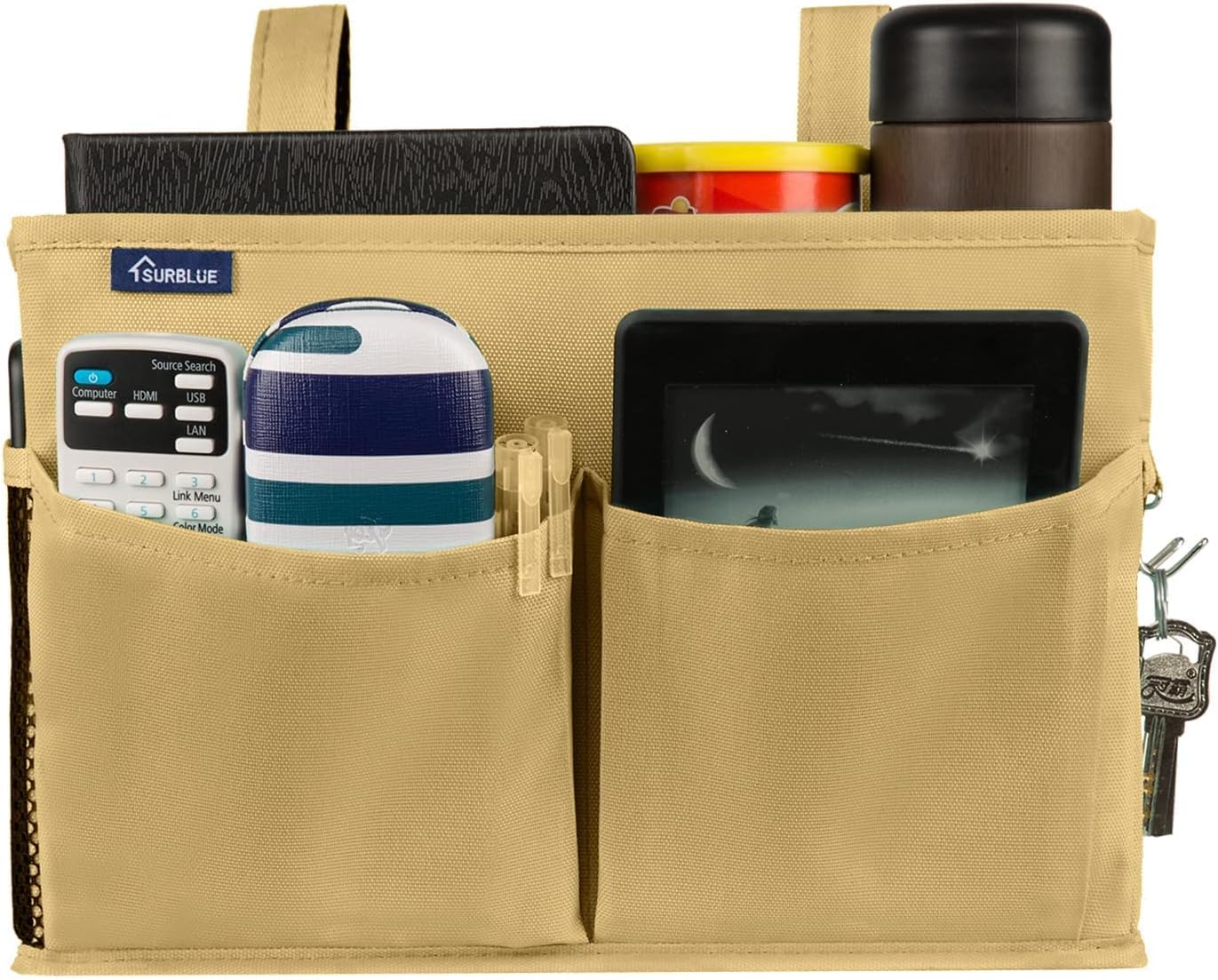Surblue Bedside Caddy Hanging Organizer Bedside Storage Bag for Bunk and Hospital Beds (Small, Khaki)