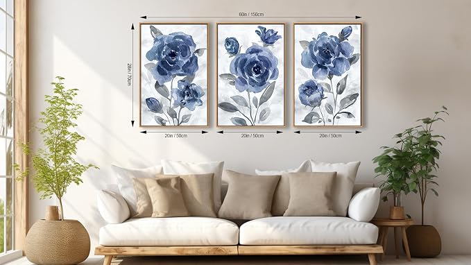 Large Framed Canvas Wall Art - Natural Float Framed Modern Indigo Flowers Pictures Decor Dark Blue Floral Grey Leaves Artwork for Bedroom Living Room Kitchen Home Office Decoration 60" X 28" Set of 3