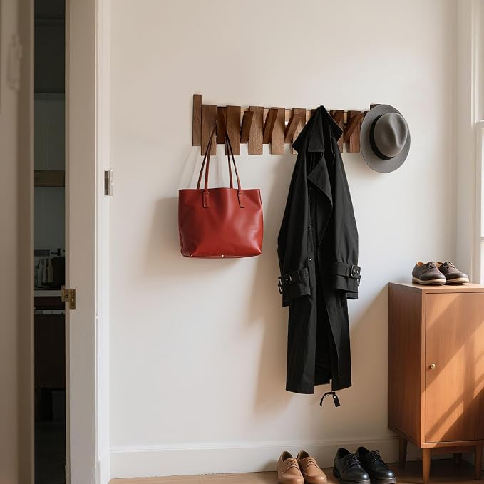 Wooden Coat Rack Hanger Wall Mount with 6 Hooks Wall Mounted Coat Rack Coat Rack Wall Mount Made of Walnut Wood