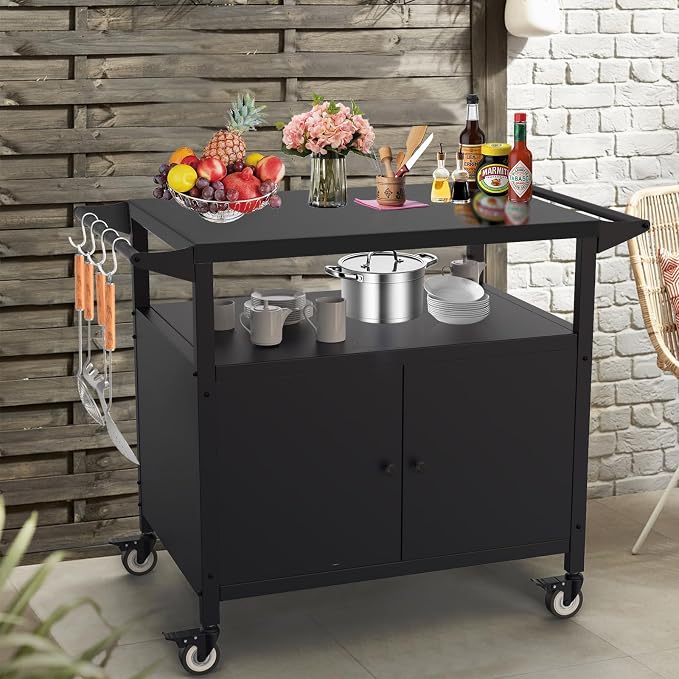 COZEER Outdoor Grill Table with Storage, Movable BBQ Grill Cart, Outdoor Kitchen Prep Station, Rolling Bar Serving Cart with Utensil Hooks, Blackstone Griddle Stand