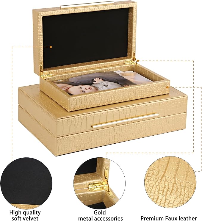 HofferRuffer Faux Leather Decorative Boxes Set of 2, Large Nesting Keepsake Box Accessory Organizer Jewelry Organizer with Hinged Lid, Stacking Storage Box Container for Home or Office (Gold)