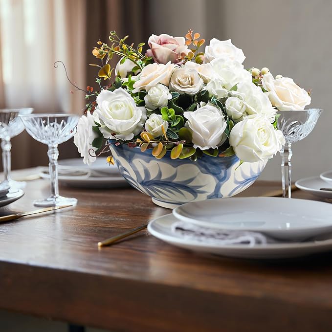 Maxdot Blue and White Bowl 10 x 5 Inch Large Hand Painted Stoneware Decorative Vase Bowl with Floral Chinoiserie Ceramic Design for Kitchen Centerpiece Creative Home Decor