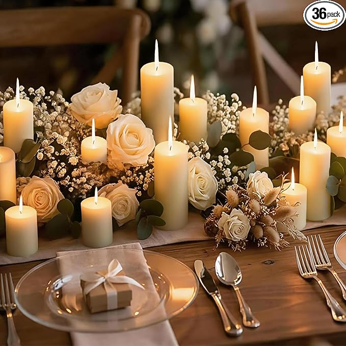 36 Pack Ivory Pillar Candles Bulk Set, 2x3 2x6 2x8 Inch - 12 Each Size, Dripless Smokeless Clean Burning for Wedding Centerpieces, Home Decor, Church, Romantic Ambiance！