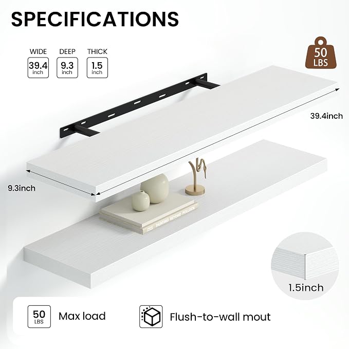 Heimlove 40 Inches Floating Shelves for Wall,9.3" Deep White Long Floating Shelves Set of 2,Large Display & Storage Shelf,Wall Shelf for Bathroom Bedroom Living Room Kitchen Office