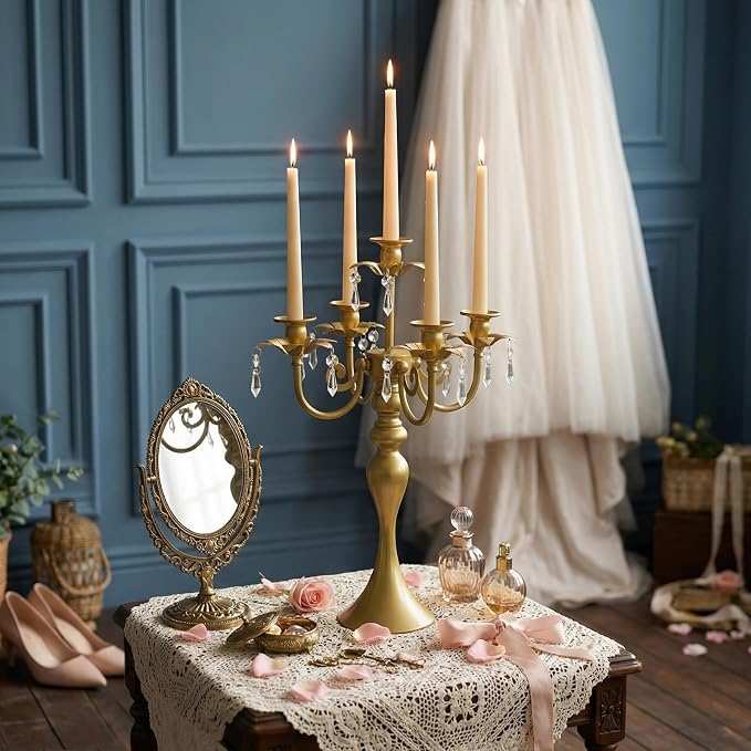 20.3'' Tall 5 Arm Silver Candelabra Centerpiece for Table, Metal Candelabra Candle Holder, Retro Candelabra Table Centerpieces for Party, Events, Home, Wedding Decor (1, Pure Gold, 5 arm)