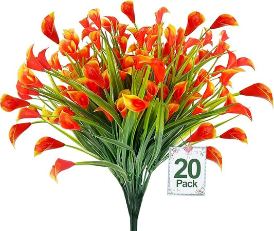 TURNMEON 20 Bundles Calla Lily (400 Heads) Artificial Flowers for Outdoors UV Resistant, Fake Faux Plastic Fake Flowers Plants for Indoor Yards Planter Home Porch Spring Fall Summer Decor(Orange Red)