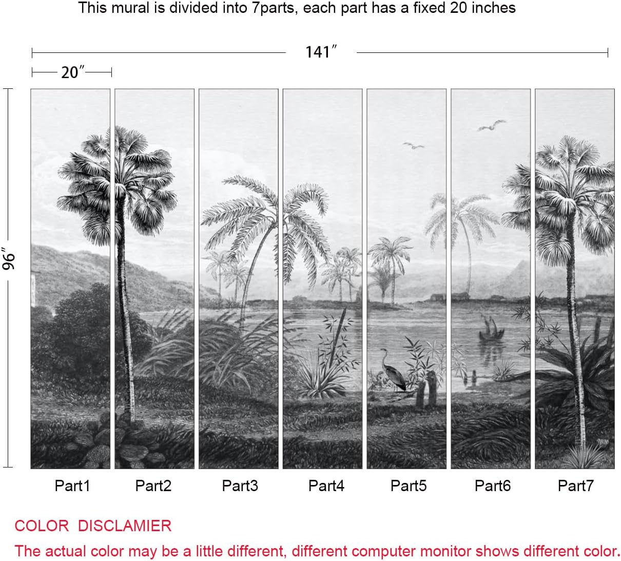 Vintage Black and White Forest Wallpaper Hand Painted Palm Tree Wall Mural for Bedroom Living Room (Not Peel n' Stick)