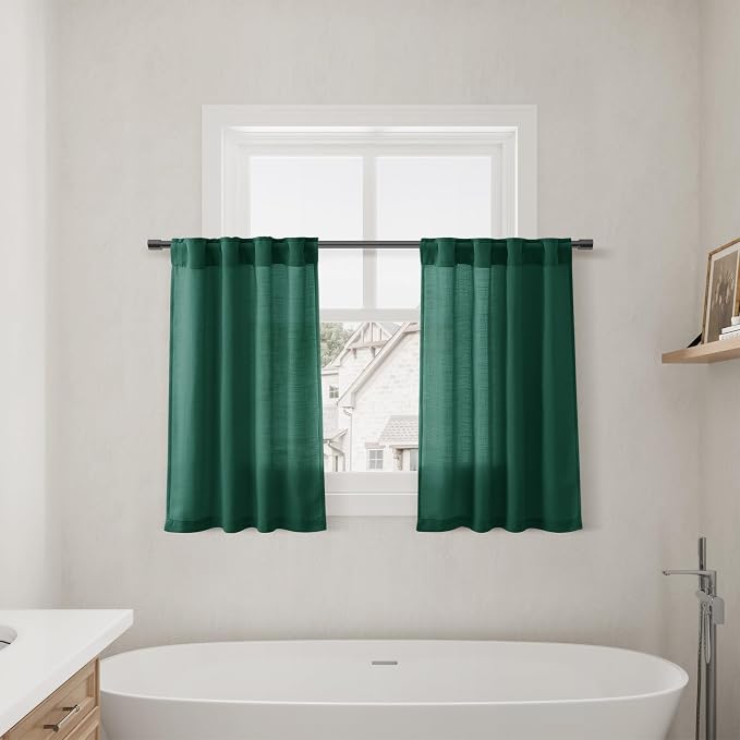 Dark Green Cafe Curtains 30 Inch Length Linen Privacy Light Filtering Pleated Short Curtain Rod Pocket Back Tab Design Shabby Chic Kitchen for Bathroom Laundry Room Small Window 2 Panels 26Wx30L