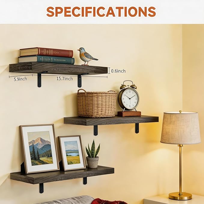 LifetimeWarranty Easy Install Wall Shelves with Brackets,15.7 Inch Wall Mounted Wood Floating Wall Shelf, Small Wall Shelf for Storage&Home Decor, Living Room,Kitchen,Office,Book Corner Shelf,Set of 3