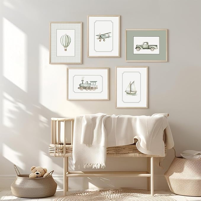 Sage Green Nursery Wall Art Boys Room Canvas Poster Kids Wall Decor Vintage Vehicle Prints Baby Toddler Pictures Transportation Plane Painting Train Truck Artwork for Bedroom 12x16 Inch Wood Framed