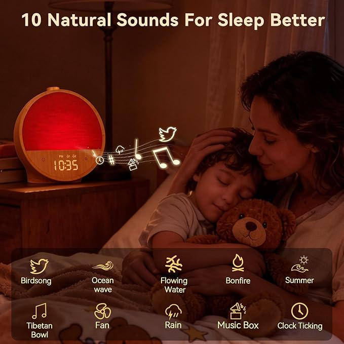 Vivilumens Sunrise Alarm Clock with Sound Machine, Gentle Wake-Up Light, Dual Alarms for Heavy Sleepers Adults, Dimmable RGB Mood Light Digital Alarm Clocks for Bedrooms, Wood Grain