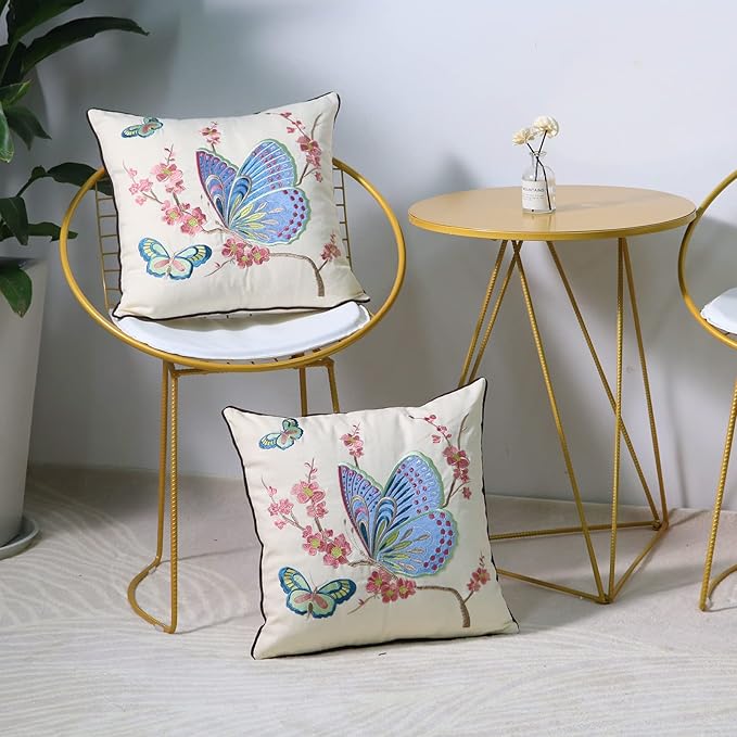 Set of 2 Embroidered Decorative Throw Pillow Covers Couch Square Pillowcases Cushion for Bedroom Sofa Farmhouse Decor 18x18 Inch (Blue Butterfly)