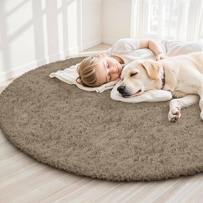 Gray Camel Round Fluffy Rug 5ft,Soft Bedroom Circle Rugs Mats for Kids Girls Nursery Room,Washable Plush Shaggy Indoor Non Slip Rug for Bedside Living Room Bedroom Circular Carpet,Home Decor Aesthetic