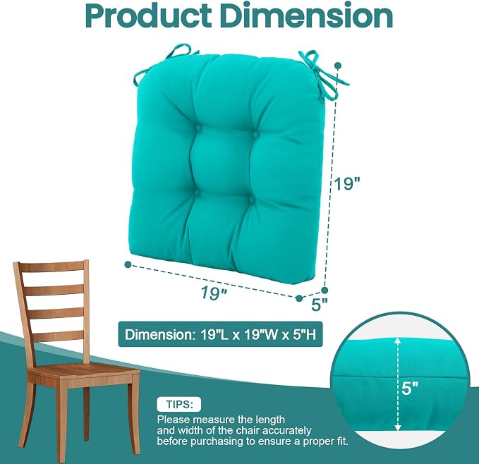 idee-home Outdoor Chair Cushions Set of 4, Patio Seat Cushions | Tufted Thick 19 x 19 x 5 Inch Cushions for Outdoor Furniture Waterproof with Ties, Dining Pads Dark Cerulean