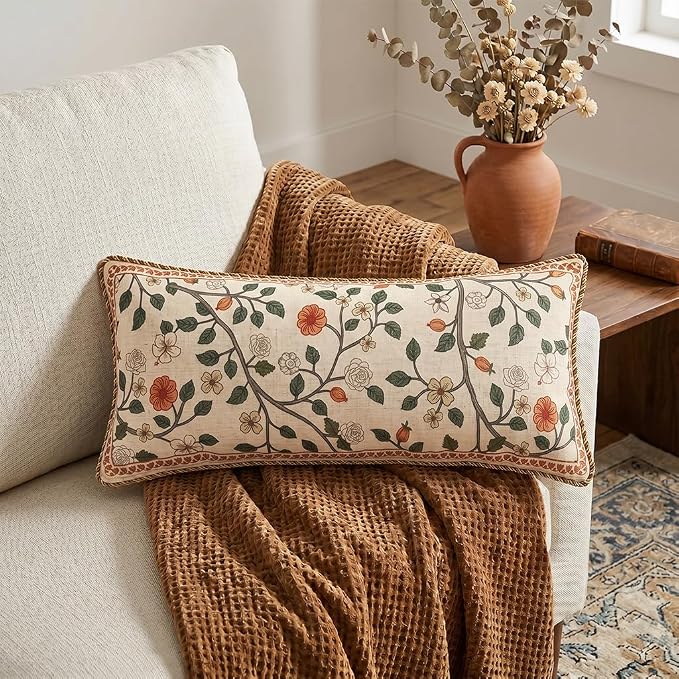 ISAENNE Designer Elegant Linen Throw Pillow Cover,Set of 2,28"x12"-Flora A | French Rectangle Decor Pillow Cover,Concealed Zipper Design,Floral Pattern,Sofa,Bedroom,Living Room,Lounge Chairs