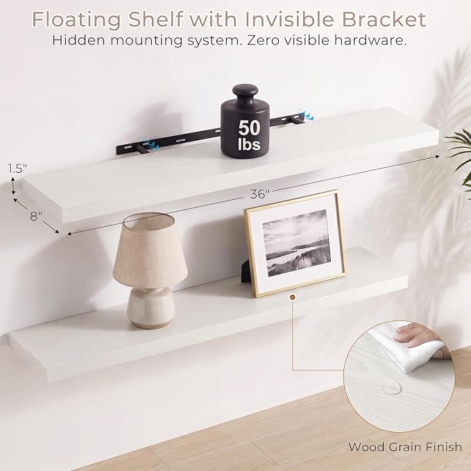 Vivelove Wall Floating Shelves for Display with Invisible Brackets, 36 Inch Floating Shelves for Bedroom Bathroom Living Room Kitchen Office, 36”X 8" X 1.4", Set of 2 - White