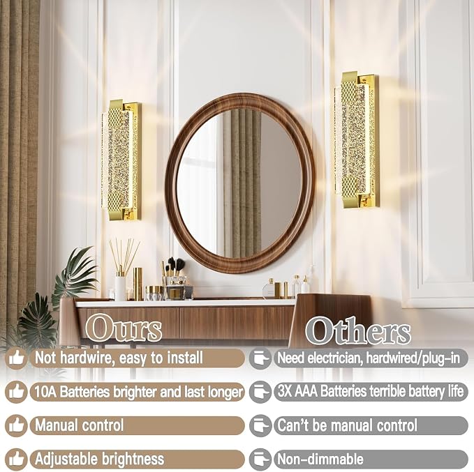 camuucci Battery Operated Wall Sconce Rechargeable Battery Powered 12000mAh Wall Light Indoor Not Hardwired Wall Lamp Fixtures for Bedroom Living Room 1Pack