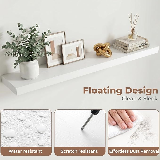 48 Inch Floating Shelves for Wall, 8"D Wood Storage Shelves, White Finish | Engineered Wood, Invisible Bracket, Large Storage, Easy Install, Hold Up to 77lbs, Living Room, Bathroom, Bedroom, Kitchen