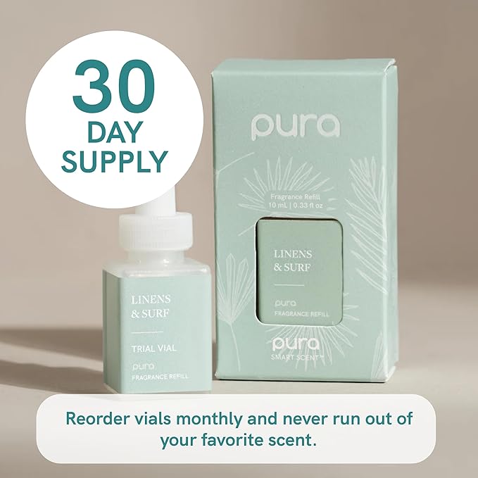 Pura Smart Home Air Diffuser Fragrance - Smart Scent Refill - Long-Lasting Premium Fragrance per Refill for Home, Office & Apartment - 4 Pack, Linens & Surf