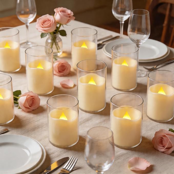 fclayvts 24 Pack Flameless LED Candles with Clear Glass Holder, Battery Operated Real Wax Tea Lights with Remote & Timer, Flickering Warm Light Fireless Votive Candles for Home Wedding Holiday Decor