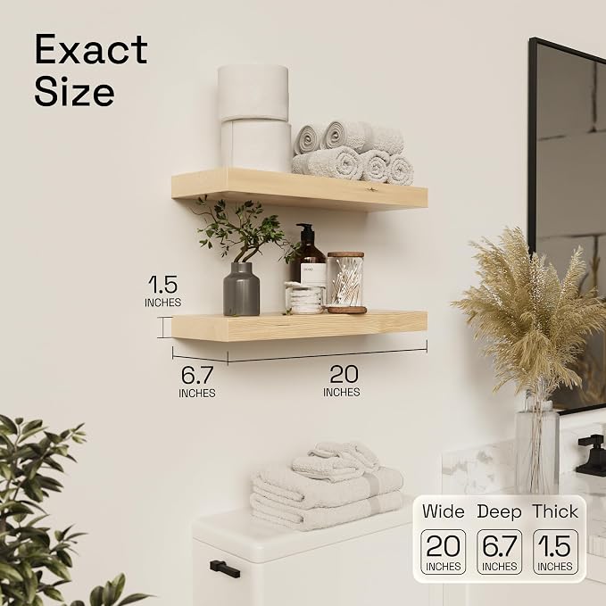 Solid Wood Floating Shelves for Wall 20 Inch Natural Wood, Wooden Shelf | Real Wood, 20 Inches Wide, Wall Mount, Light Oak, Kitchen Bathroom Bedroom, Rustic , Natural Oak Finish, 20W × 6.7D, Set of 2