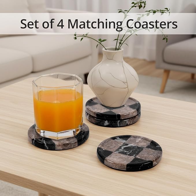 Marble Coasters Set of 4, Zebra Black & Oceanic Handmade 4 inch Round Stone Coaster, Drink Checkered Coaster Plates for Coffee Table, Stylish Bar Accessories & Modern Home Décor