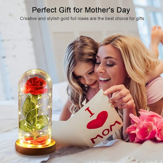 Beauty and The Beast Rose, Valentines Day Gifts for her, Birthday Gifts for Women, Red Rose for Mom Grandma, Eternal Rose in Glass Dome with LED Lights, Valentine Flowers Gift for Wife, or Girlfriend