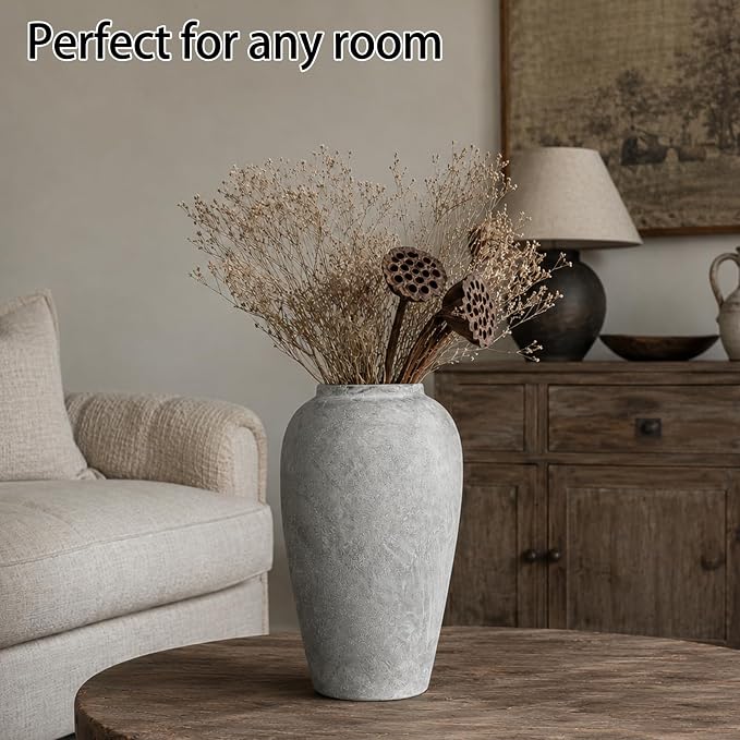 12 Inch Ceramic Rustic Vase, White Grey Farmhouse Flower Vases for Centerpieces & Home Decor, Handmade Pottery Vase for Living Room, Bedroom & Wedding Decor, Vintage Ceramic Vases for Gifts
