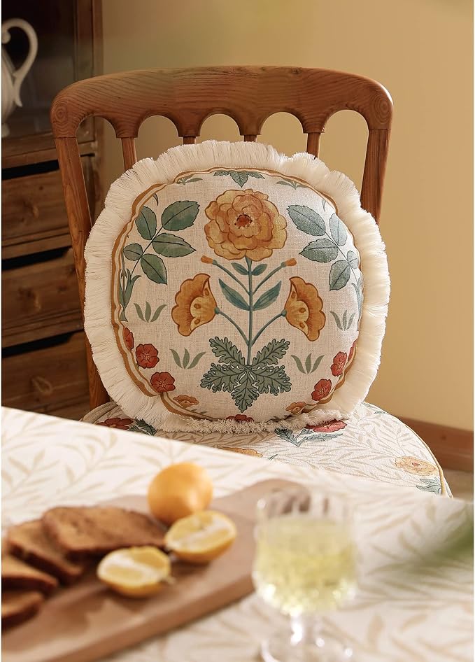 patdrea Vintage Linen Throw Pillow Cover,Diameter 16"-RosaSilvestre E | French Decorative Pillow Case,Yellow Floral Pattern,Cushion Coverfor Couch Living Room Bedroom,Fringe Trim