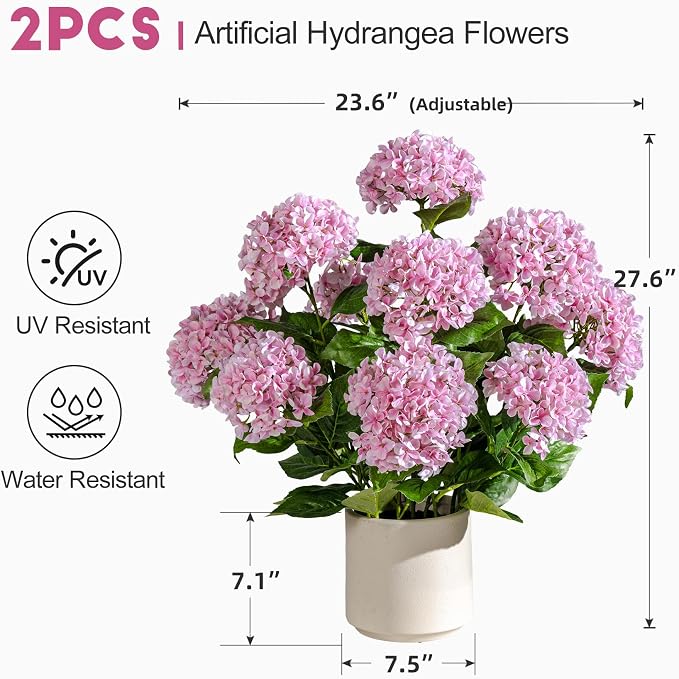 2 Pack Large Faux Plastic plantas in Pot UV Resistant Fake Flowers Trees Indoor Outdoor Realistic Floor Plants Artificial Hydrangea Plants for Home Porch Garden Office Porch Patio Front Bonsai Decor