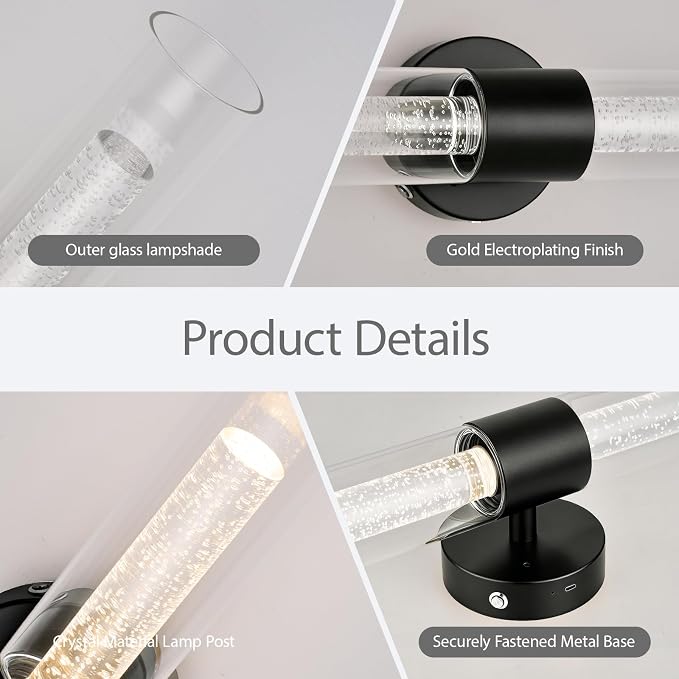 Morauroral Black Battery Operated Wall Sconces Set of 2, Rechargeable Wall Lights with Remote, 22 Inch Modern Cordless Wall Lamp for Bedroom, Living Room with Crystal Post Bulb Glass Shade
